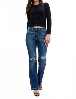 NEW JUDY BLUE mid rise hand sand and destroy bootcut jeans in medium wash